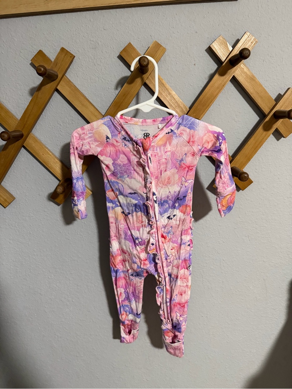 Pink Floral Zip-Front Baby Footie One-Piece with Ruffle Trim